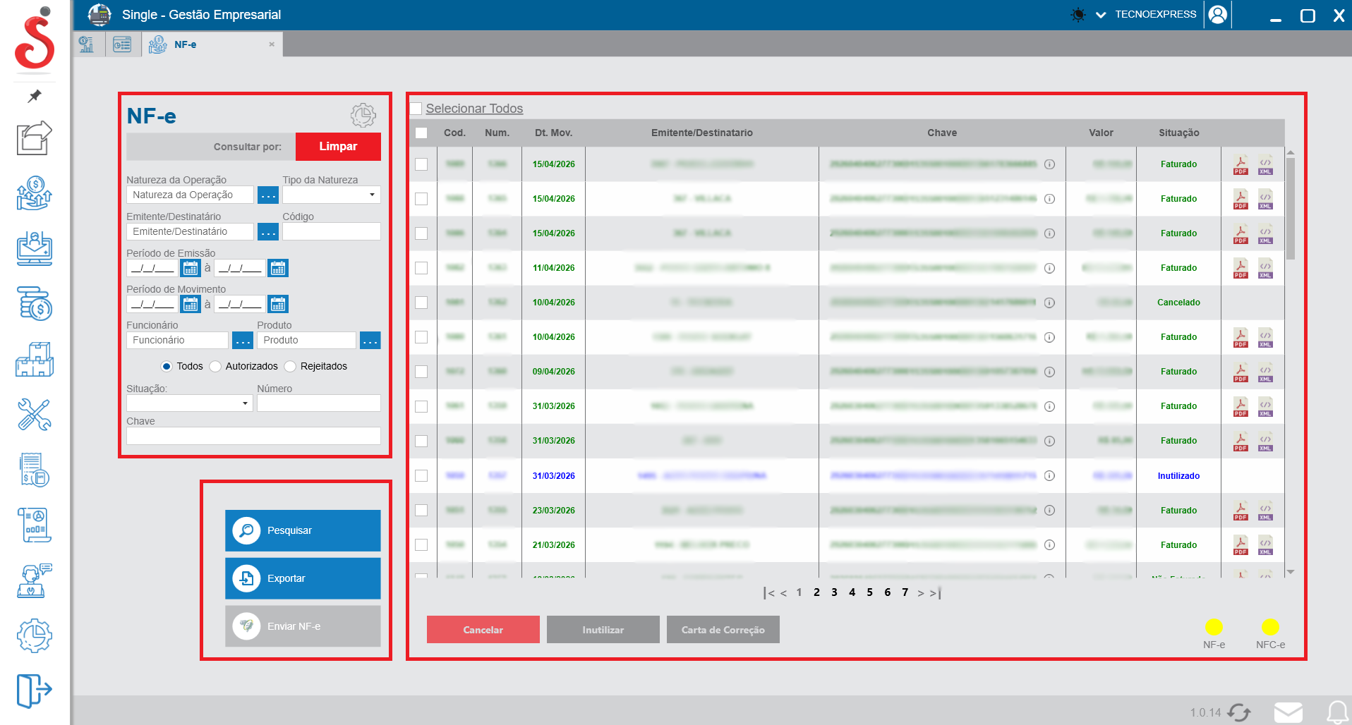 Tela inicial de movimentos de NF-e