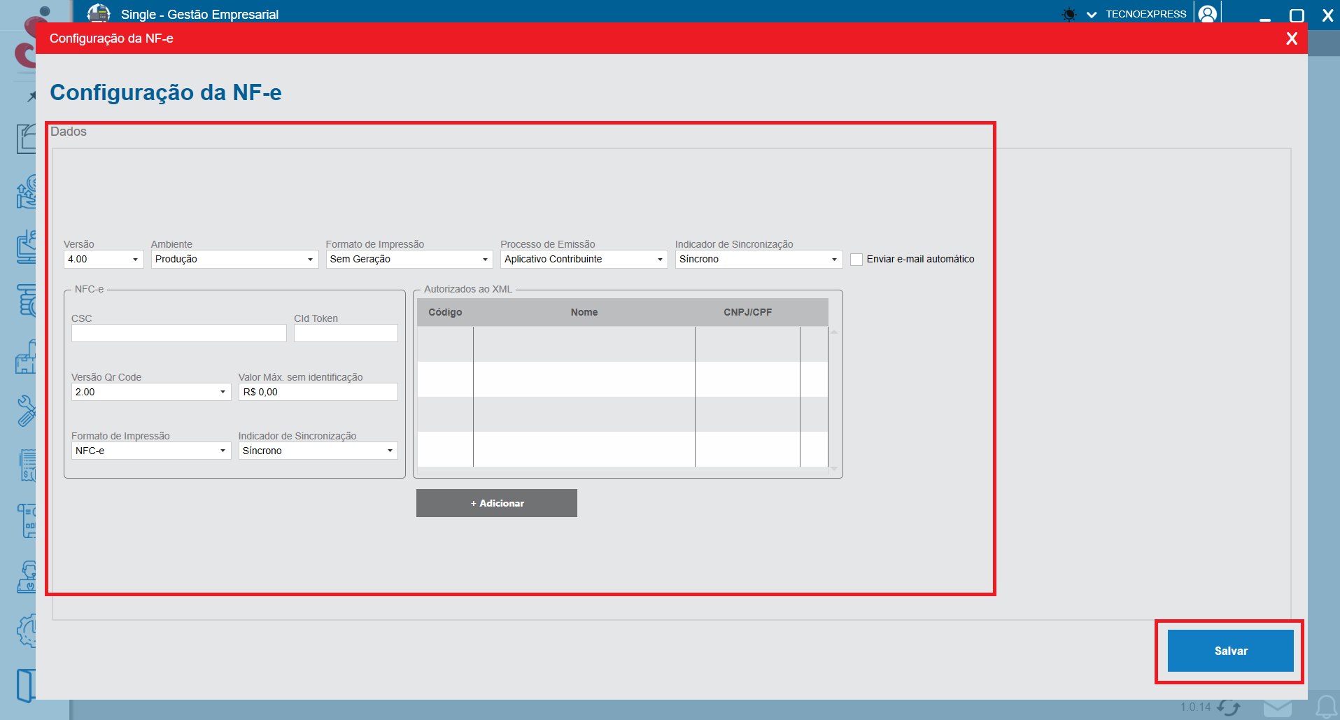 Tela de configuração da NF-e
