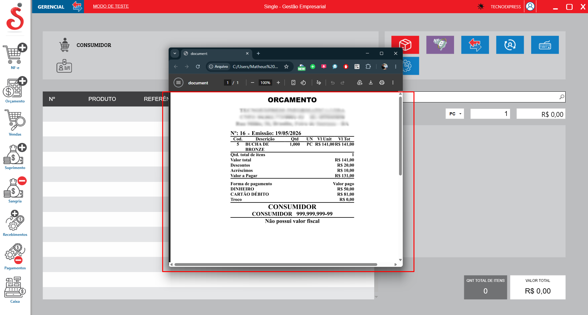 Pré-visualização em PDF de um orçamento emitido no PDV