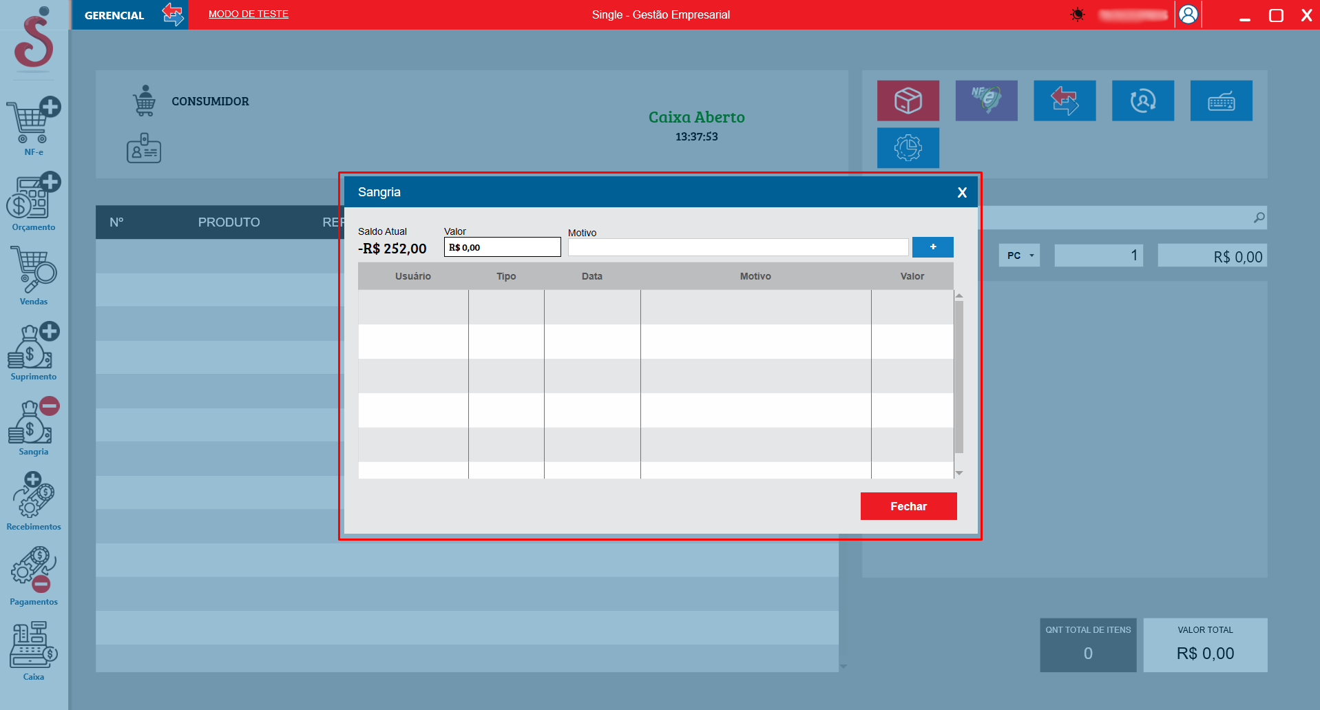 Modal de sangria para registro de retirada de valores do caixa