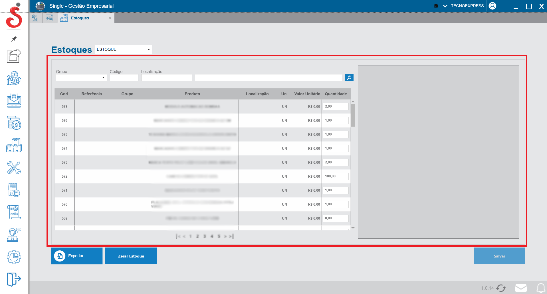 Tela de gestão e ajuste rápido de estoques