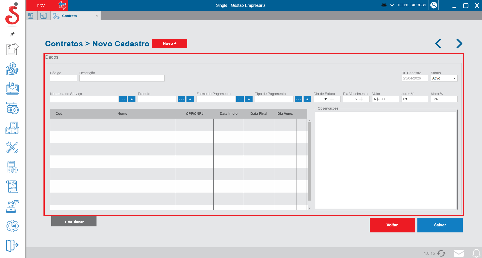 Tela de novo cadastro de contrato