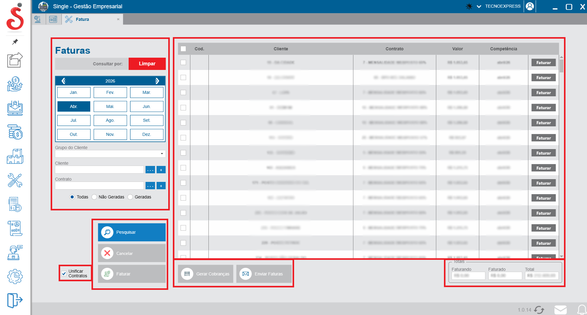 Tela de emissão e controle de faturas